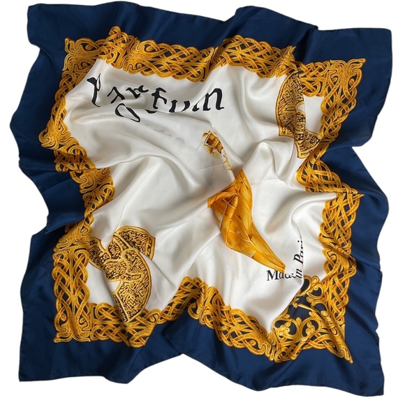 GIOVANNI PRATO Blue/Gold Baroque Perfume Silk LUXURY Scarf FRANCE - Picture 2 of 5